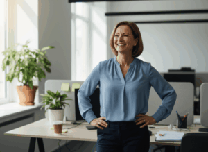 amazinGRACE Erfahrung Fernheilung Hüftproblem – Frau legt erleichtert die Hand auf ihre Hüfte im Büro