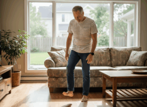 amazinGRACE Erfahrung umgeknickter Fuß – Mann prüft erleichtert seinen Fuß im Wohnzimmer