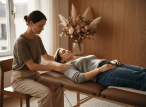 amazinGRACE Ausbildung Gemeinschaft Wachstum – Frau liegt auf Behandlungsliege in Alltagskleidung, Schülerin legt sanft die Hand auf, frühe Heilerfolge