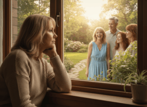 amazinGRACE Heilungswege Erfahrung – Blonde Frau sitzt melancholisch am Fenster und sieht sich selbst fröhlich in einer Gruppe draußen, beide klar als dieselbe Person erkennbar