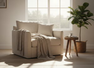 Freundlicher Sessel im Sonnenlicht ohne Menschen 