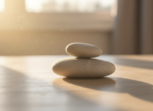 Heilung Erfahrungsbericht Mama Arthrose Symbolbild Balance Steine Licht
