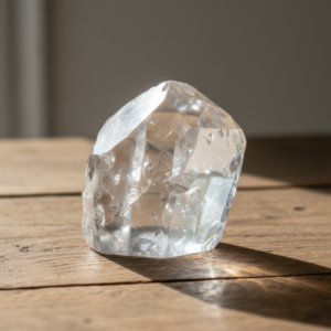 Bergkristall für Narbenentstörung und Heilsitzung, realistisch auf Holztisch, Symbol für energetische Heilung und spontane Hilfe im Alltag