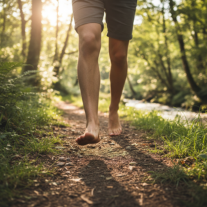 Wandernde Füße auf Naturweg, Symbol für neue Bewegungsfreiheit und Veränderung durch Spanda Energie bei X-Beinen